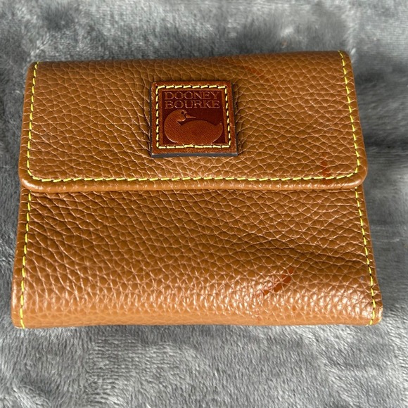 Dooney & Bourke Handbags - Dooney & Bourke Tan Pebbled Leather Trifold Wallet Yellow Stitching Duck Logo